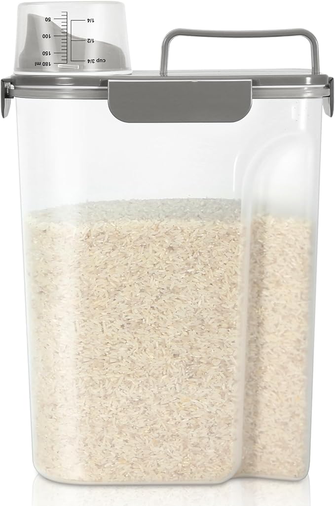 TBMax Airtight Rice Container 10 Lbs, Cereal Dispenser, Pet Cat Dog Food Storage Container, Plastic Kitchen Pantry Food Storage Holder with Cup -Dark Grey