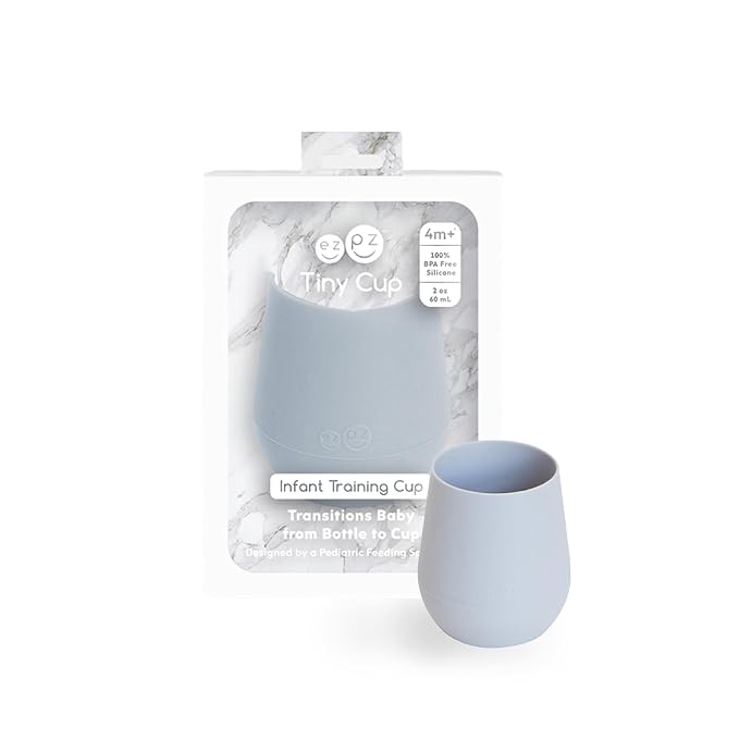 ezpz Tiny Cup (Pewter) + Tiny Spoon (2 Pack in Blush) - baby essentials, cup and spoon