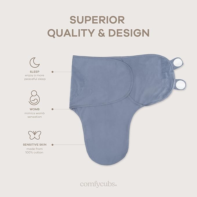 Comfy Cubs Easy Swaddle Blanket, 3 Pack - 100% Cotton Newborn Wrap, Small for 0-3 Months Infants, Breathable and Durable Sleep Sack for Babies - Stone, Nomadic Blue & Azul
