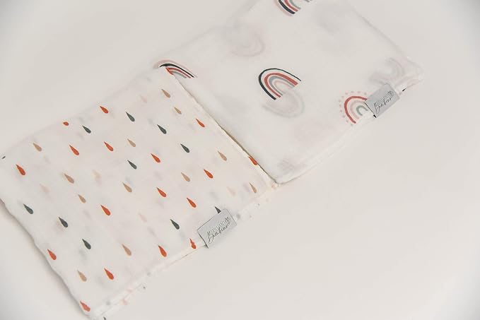 Baby Swaddle Blanket - 2 Pack | Boho Rainbows + Raindrops Set | Muslin Cotton Blend | Newborn Essentials | Boys & Girls Baby Stuff | Receiving Blanket | Rainbow Baby |