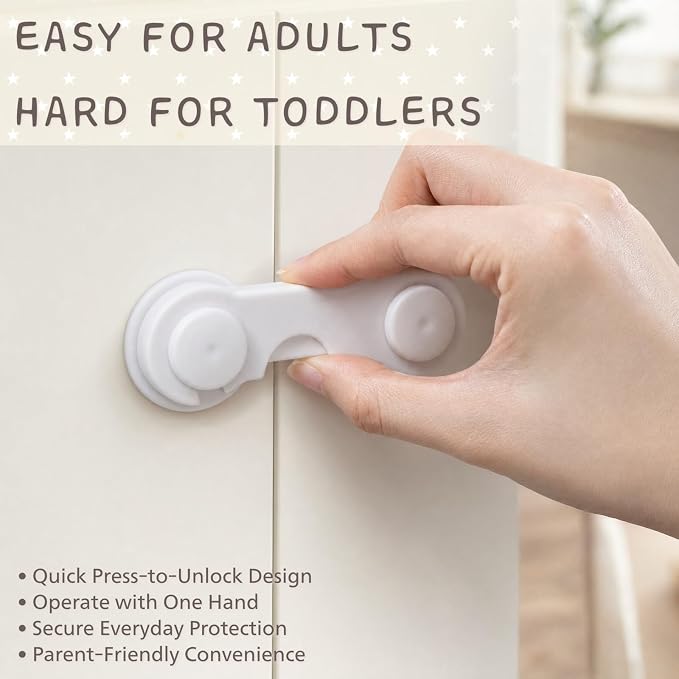 Cabinet Door Locks Baby Proof, 4 Pack Child Safety Latches with Adhesive for Cabinets Drawers Cupboards Fridge Closet Pantry, Premium ABS Material, White
