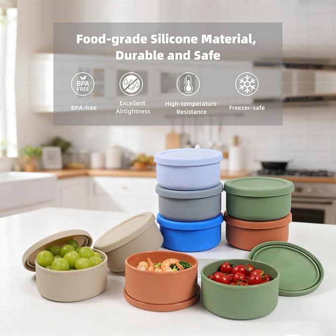 XU&PEIQI 24fl oz (700ml) Silicone Food Storage Containers, Round Bowls with Lids - Kitchen Serving, Salad & Lunch Containers - Airtight, BPA-Free, Microwave, Fridge & Dishwasher Safe (3, Beige)