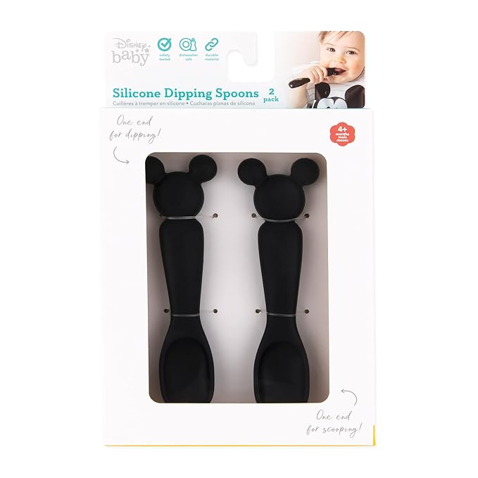 Bumkins Disney Baby Utensil Set, Silicone Trainer Spoons for Dipping, Soft Tip, Self-Feeding, Chew, Baby Led Weaning, Training Supplies, Essentials First Eating, 4 Mos, 2-pk Mickey Mouse Black