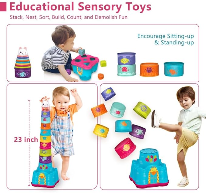 LTKFFFdp Baby Stacking Toys for Toddler 1-3, Nesting Cup Shape Sorter for Infant 6 to 12-18 Month, Learning Stackable Block, Birthday Gift for Girl Boy 9 Month