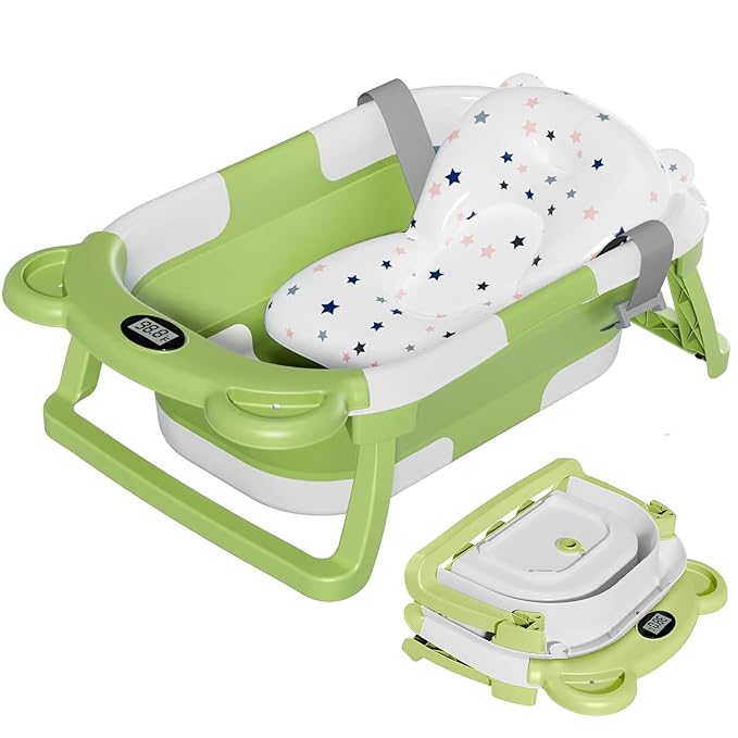 TPN Collapsible Baby Bathtub, Baby Bath Tub with Soft Cushion & Real-Time Thermometer, Baby Bathtub Infant to Toddler Tub (0-36 Months), Portable Newborn Travel Bath tub