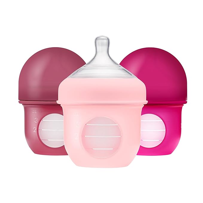 Boon Nursh Reusable Silicone Pouch Baby Bottles - Slow Flow Nipple - Silicone Baby Bottle Pouch and Nipple - Baby Feeding Essentials - Pink - 0-3 Months - 3 Count - 4 Ounce