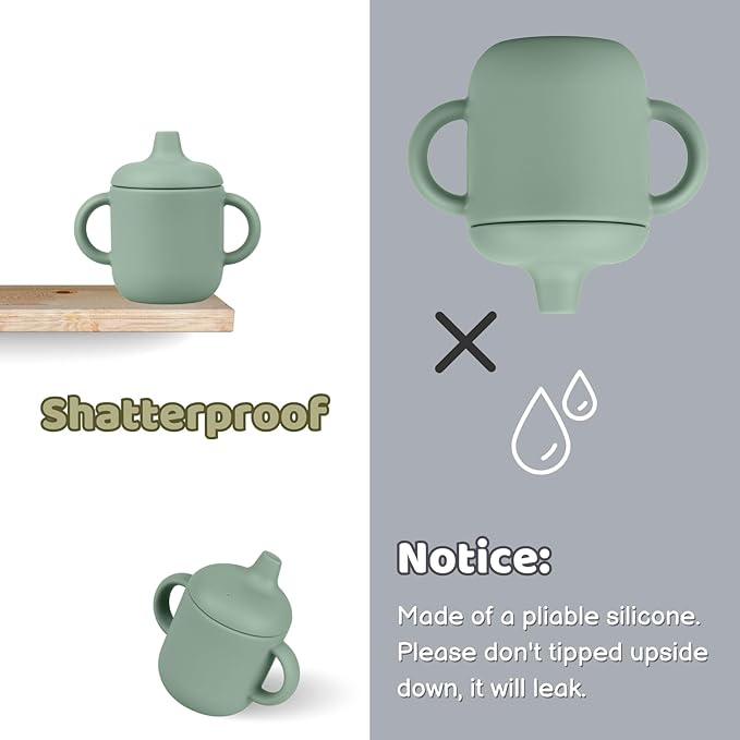 Silicone Sippy Cups for 6-12 Months Toddlers - Pack of 2 Food Grade Silicone Training Cups with Straws and Lids Grip Handle for Baby Led Weaning, 6 oz (Sage/Sand)