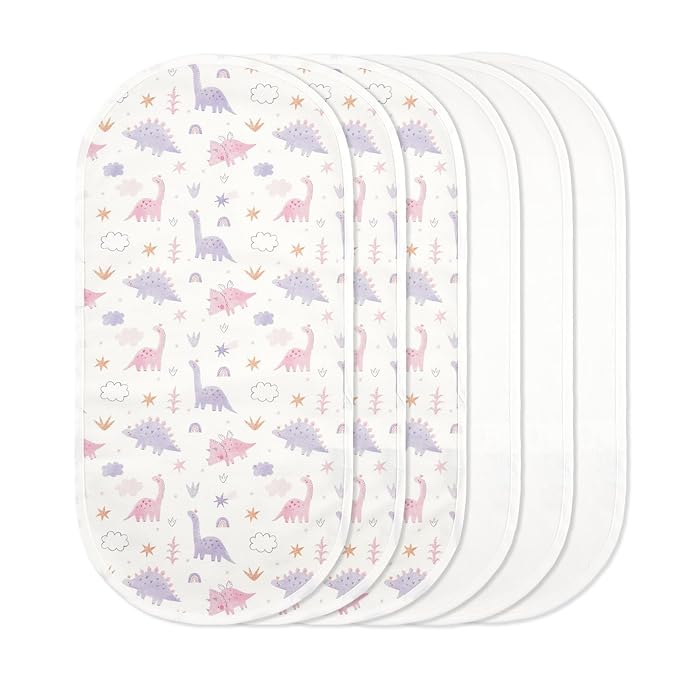 TILLYOU Waterproof Changing Pad Liners 6 Pack, 100% Cotton Reusable Cloth Diaper Liners, Dinosaur