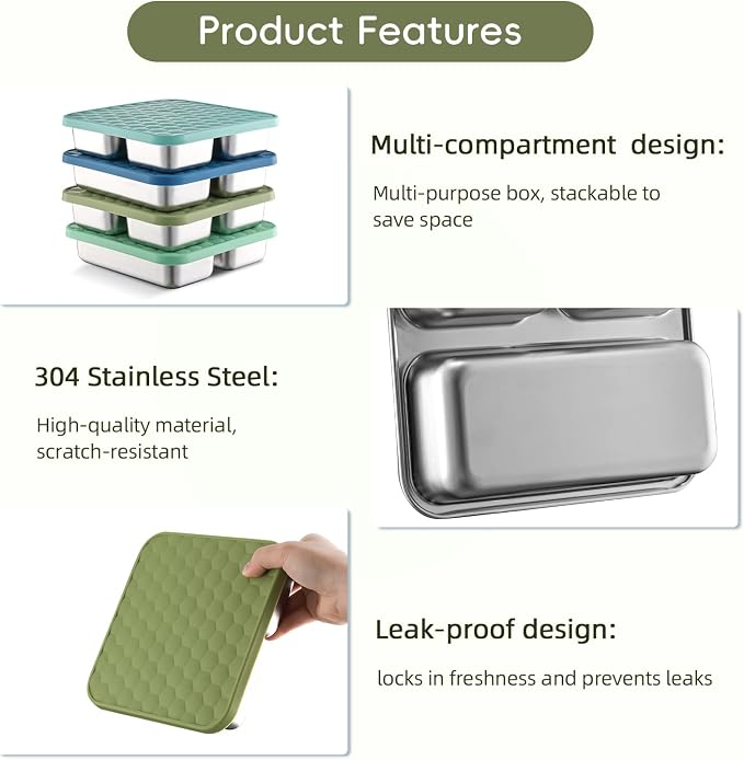 Tanjiae Stainless Steel Snack Box for Kids & Toddlers, 20oz Multi-Compartment Leak Proof Small Food Containers with Silicone Lids - Reusable Metal Bento Box for Daycare, School, Travel, Camping