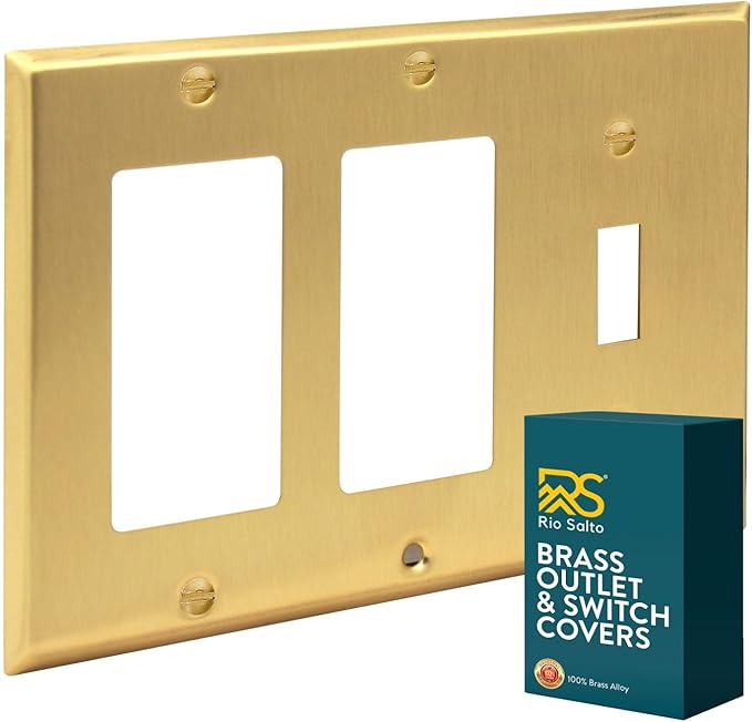 Rio Salto BRASS Metal 3-Gang Gold Outlet Cover or Light Switch Cover Wall Plate, Rocker Toggle Triple Combination Plate Wallplate Covers STANDARD SIZE (2 Rocker 1 Toggle Combo)