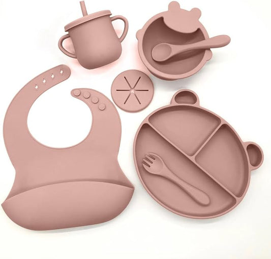 Silicone Baby Feeding Set, Toddler Feeding Set With Divided Suction Plate Bowl Spoons Forks Sippy Cup Adjustable Bib Non Slip Mat, Baby Eating Utensils, Bear Shape, 7-Piece, (Dark Pink)