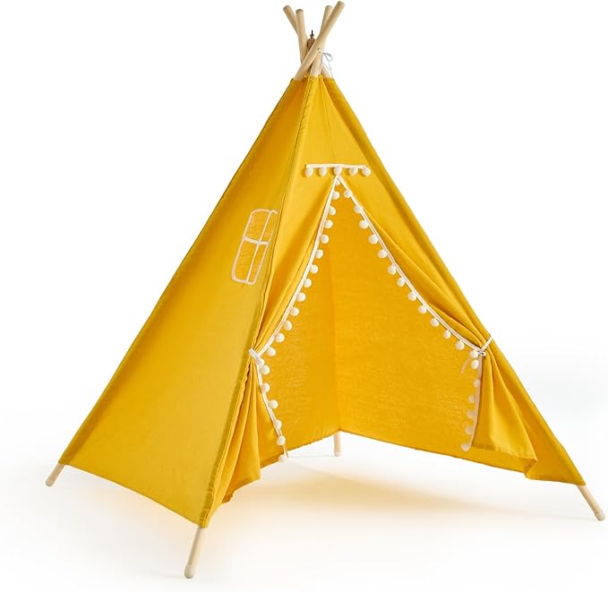 2 Pack Teepee Tent for Kids, Children Play Tents for Girls & Boys Slumber Party, Cotton Linen Playhouse Sleepover Tent with Pompom & Lights