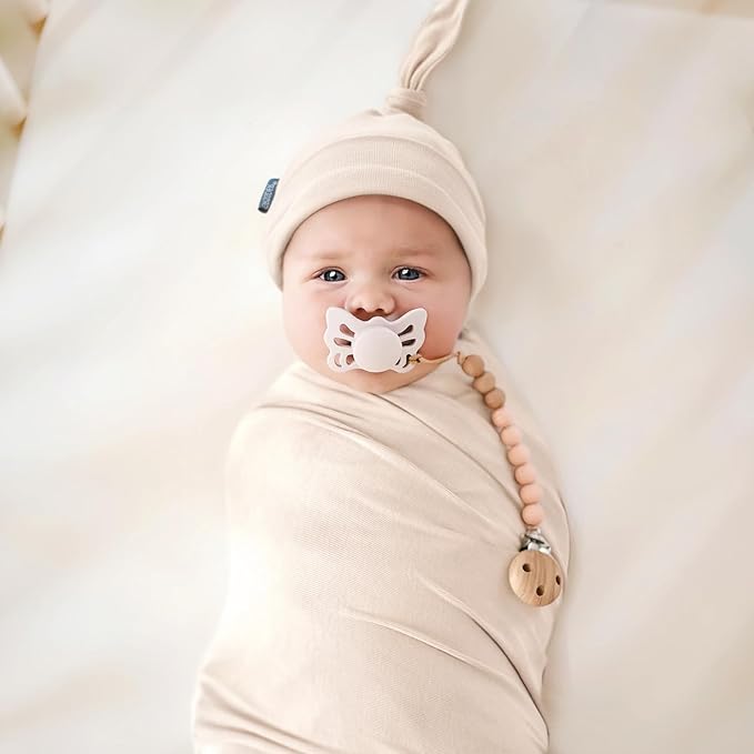 GRSSDER Newborn Swaddle Blanket, Ultra Soft Jersey Receiving Blanket with Matching Headband and Beanie Set 33×44", Stretchy Baby Neutral Swaddle Wrap for Girls and Boys