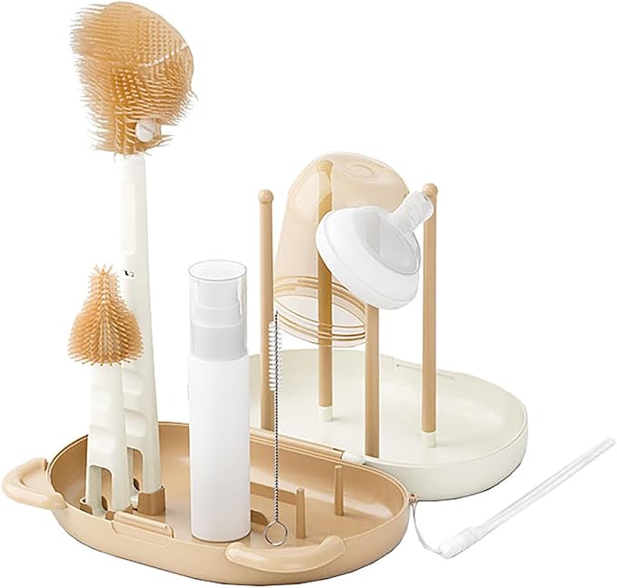HOEREV Portable Baby Silicone Bottle Brush Set Include Pacifier Brush, Straw Brush, draining Rack, Portable Box