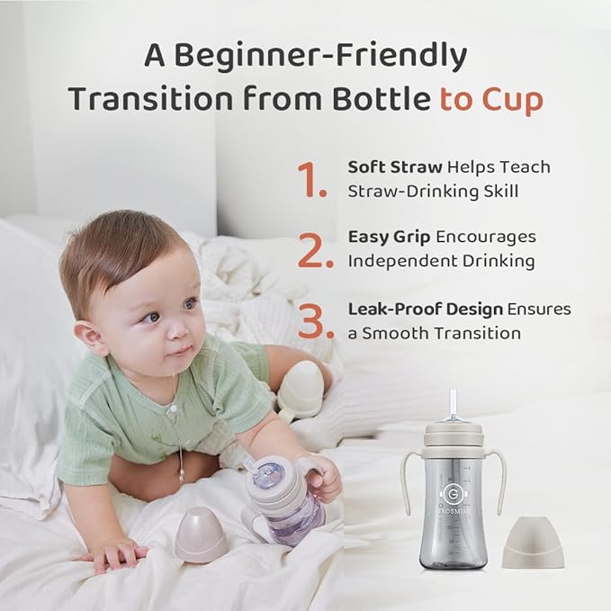GROSMIMI Spill Proof no Spill Magic Sippy Cup with Straw with Handle for Baby and Toddlers, Customizable, PPSU, BPA Free 6 oz (Peach)
