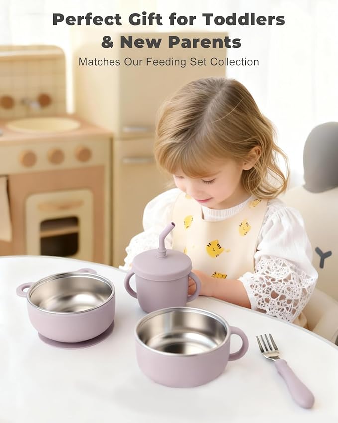 Bakpoco 4-in-1 Stainless Steel Silicone Sippy Cup, 8.5oz Toddler Open Cup with Straw, Sippy & Snack Lids, For Baby Led Weaning, Toddlers 1-3 Years Trainning Kids Drinking, Dishwasher Safe, Lilac