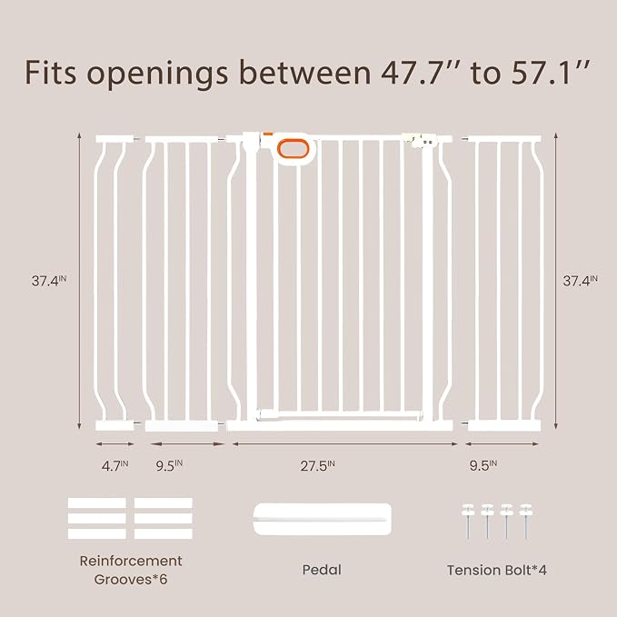 owlie 37.4" Extra Tall Wide Baby Gate for Stairs Doorways,47-57 Inch Extra Large Long Baby Gate with Door Indoor Safety Metal Pressure Mounted Pet Gate with Walk-Thru Auto Close, White
