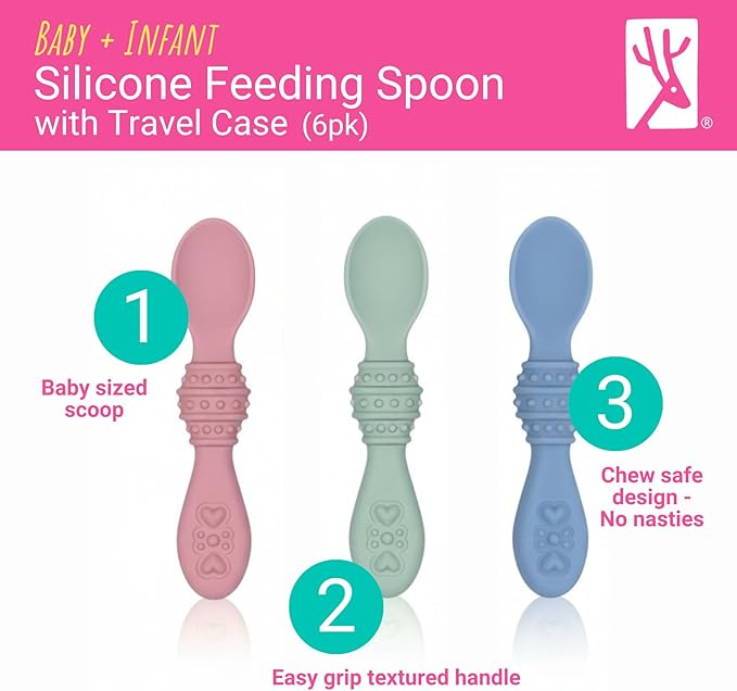 Elk and Friends Silicone Baby Spoons | Travel Case Included | First Stage Infant Toddler Spoon | Baby Led Weaning Stage | Dishwasher Safe