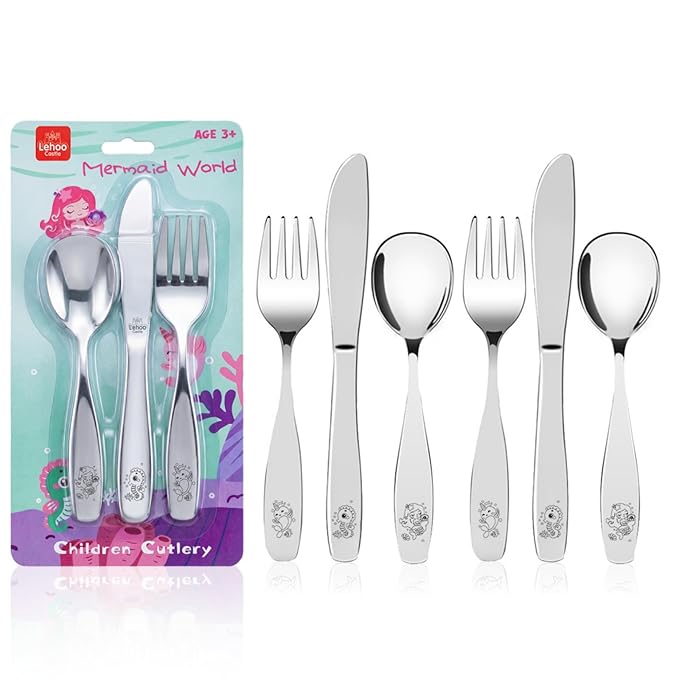 Lehoo Castle Kids Silverware 6-Piece | Stainless Steel Toddler Utensils with Spoons and Forks Knife, Children Safe Flatware for Self Feeding (Mermaids)