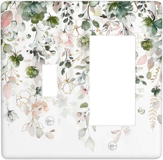 Green Pink Floral Flower Rustic Eucalyptus Leaves Wildflower Outlet Covers 1 Toggle 1 Rocker Combination Decorative Wall Plate Electrical Switch Plates Light Switch Cover Plate for Bedroom Living Room