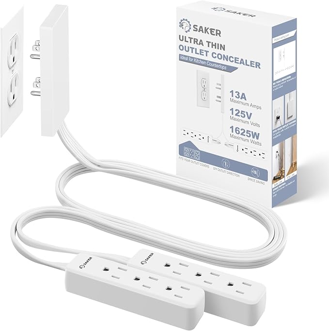 Saker Dual 5ft Flat Extension Cord with 6 Outlets, 1625W | Outlet Cover Extension Cord, Flat Plug, Baby Proof, Universal Size for Home, Kitchen, Office | Safe Outlet Concealer