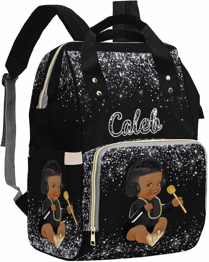 InterestPrint Custom Name Diaper Bag Backpack with Prince Glitter Dot Design, Black, 10.83" L x 6.69" W x 15" H, Waterproof Nylon, Insulated Milk Bottle Pockets, Unisex