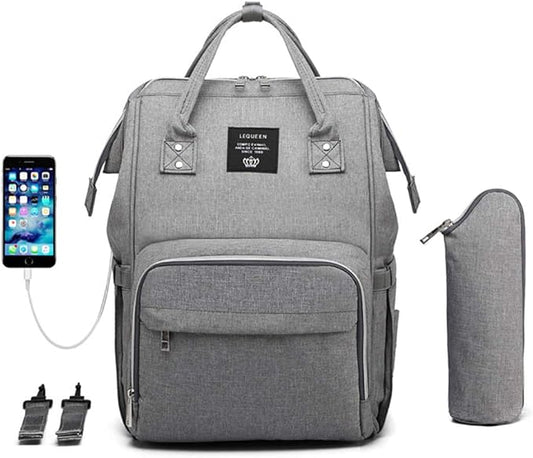 Diaper Bag Backpack for Mom Dad, Maternity Changing Bag Diaper Backpack with Stroller Straps(USB-grey)