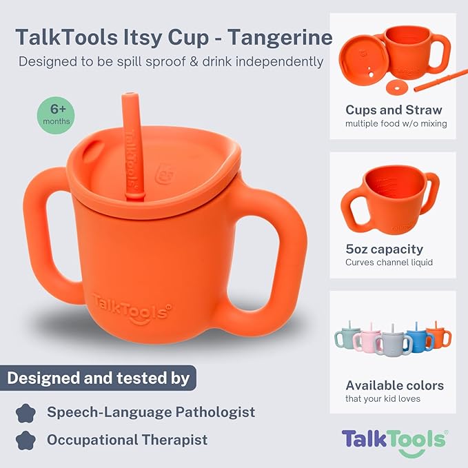 TalkTools ITSY Silicone Training Cup ??Mini Straw Cup for Baby - Anti Leak, Spill Proof and BPA Free Cup with Straw Insertion for Kids (Tangerine)