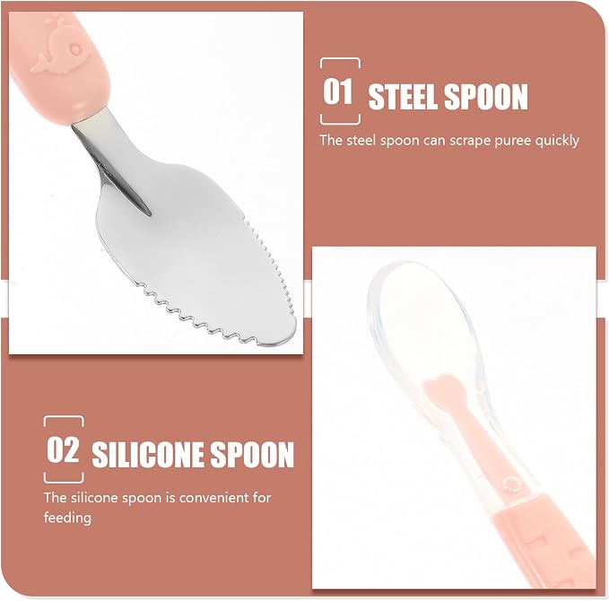 TIDTALEO Double-head Stainless Steel and Silicone Spoon with Storage Box Fruit Puree Scraping and Feeding Utensil Lightweight Portable Cutlery for Self-feeding and Weaning Essentials