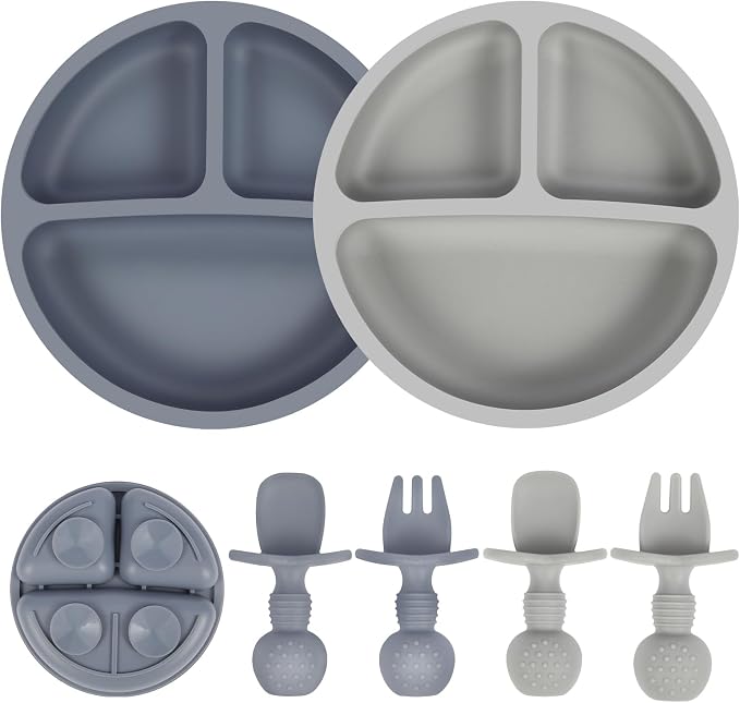 Eascrozn Silicone Baby Utensils, 2 Pack Divided Suction Plates for toddlers, 2 Pack Toddler Forks and Spoons Set, Baby Led Weaning Feeding Supplies, BPA Free, Microwave and Dishwasher Safe