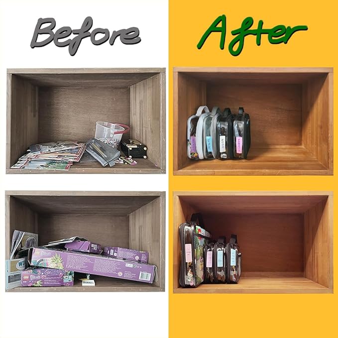 holay 4 Packs PVC Toy Storage Organizer with Zipper, Name Tag & Manual Pocket, Clear Durable Case for Blocks, Clay, Board Games, Travel (White, Small, Large)