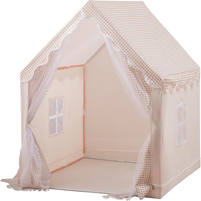 Kids Play Tent Children Tent with Star Lights & Mesh Curtains Indoor/Outdoor Playhouse for Boys and Girls Large Play Tent for Birthday Party & Secret Base Khaki