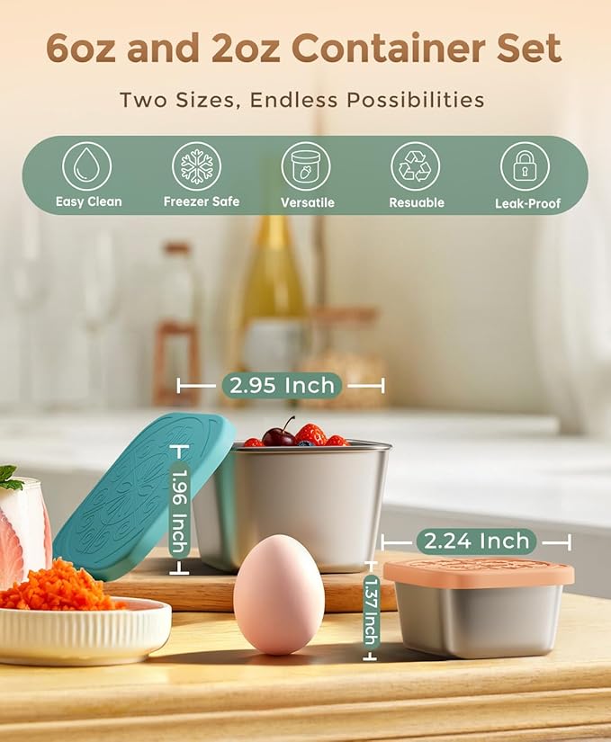 3 Pack 6oz Stainless Steel Snack Containers and 3 Pack 2oz Salad Dressing To Go Containers with Silicone Lids, Reusable Square Meal Prep Condiment Sauce Containers Lunch Box Accessories