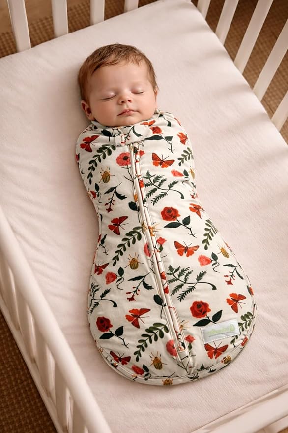 Woombie Original Baby Swaddling Blanket - Self-Soothing, Cotton Baby Swaddle with Zipper - Wearable Newborn Blanket - Vintage Botanical, 5-13lbs