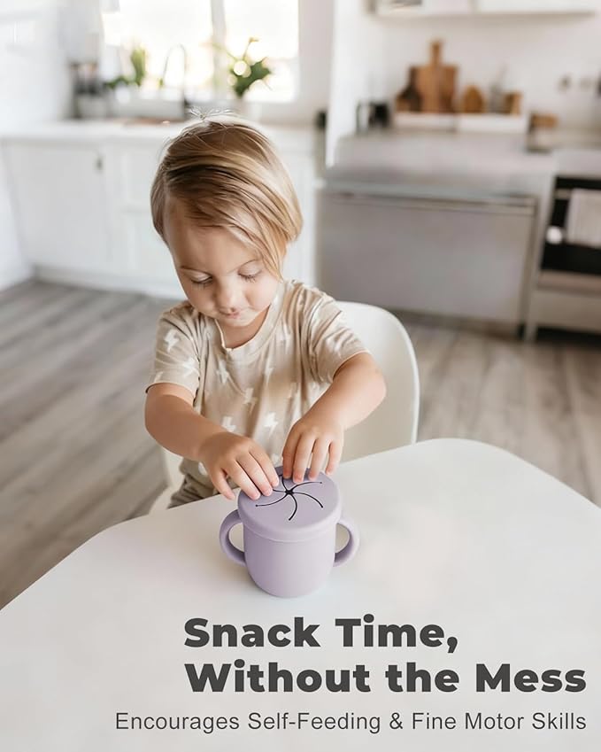 Bakpoco 4-in-1 Stainless Steel Silicone Sippy Cup, 8.5oz Toddler Open Cup with Straw, Sippy & Snack Lids, For Baby Led Weaning, Toddlers 1-3 Years Trainning Kids Drinking, Dishwasher Safe, Lilac