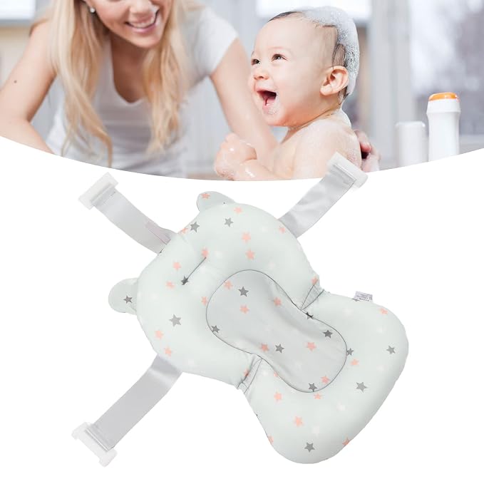 Baby Bath Seat, Baby Bath Tub Cushion for Bathtub Sink for Infant Newborn, Floating Foldable Adjustable Infant Bath Supporter, Easy to Clean (Light Blue Stars)