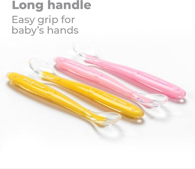 Primo Passi - Baby Infant Toddler Best Soft - Tip Silicone Feeding Spoons I First Stage Training I Gum Friendly 4 Pack Gift Set I Gift Idea for Girls and Boys I BPA Free Baby Utensils - (Girl&Yellow)