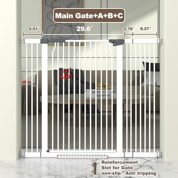 41" Extra Tall Cat Gate for Doorway, 40.6-49.1'' Metal Pet Baby Safe Gate, Extra Wide Pressure Mounted Child Door with Expansion Kit, No Drilling Cat Fence Indoor, Tall Dog Gate, White