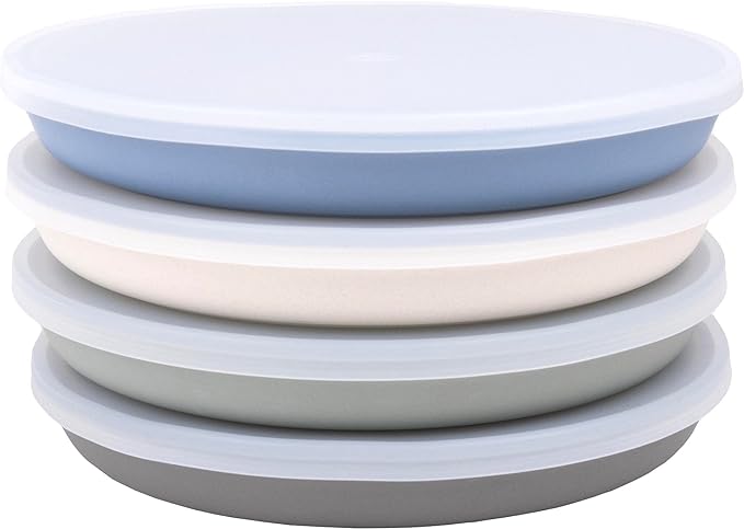 WeeSprout Bamboo Plates with Silicone Lids, Set of 4, Kid-Sized Dinnerware, Cereal, Leftovers & Snacks, Dishwasher Safe Melamine Dishware (Blue, Green, Gray, & Beige)