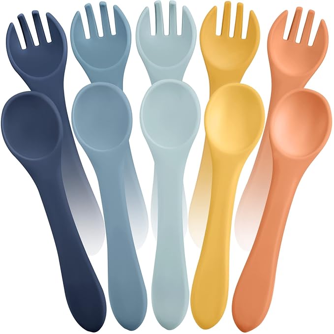10 Pieces Baby Led Weaning Spoons and Forks Set Infant Silicone Spoon First Self Feed Baby training Utensils for Toddler First Stage Feeding Supplies for Kids Over 6 Months, 5 Pairs (Bright Colors)