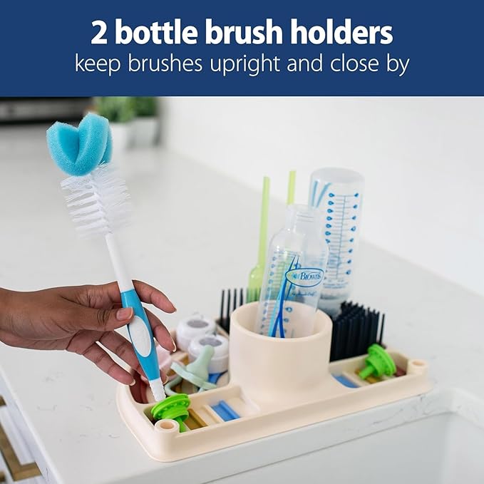 Dr. Brown's Drying Tower, Stand-Up Drying Rack with 2-in-1 Dry & Prep Silicone Mat, Silicone Baby Bottle Drying Mat with Removable Pegs for Baby Essentials, Built-in Bottle Prep, BPA-Free
