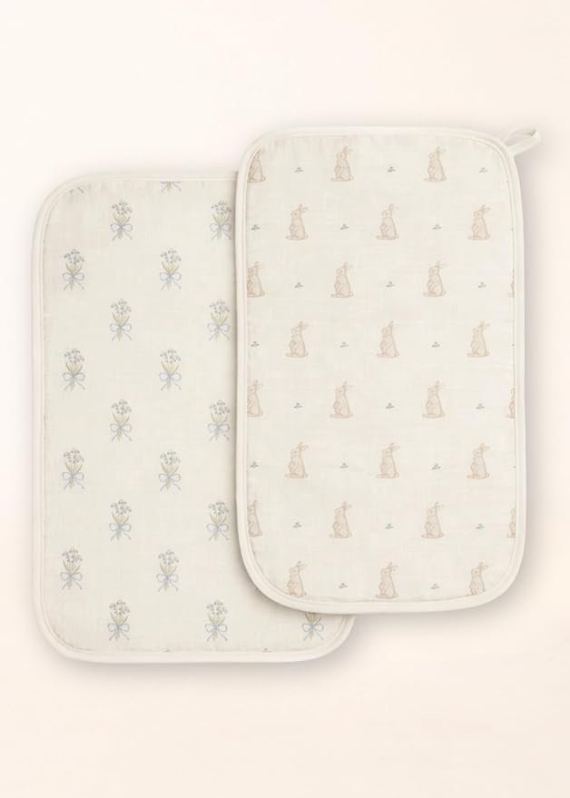 Oilo Burp Cloth 2-Pack Set, Large (12" X 22"), Organic Premium Cotton 4-Way Muslin, Luxuriously Soft, Super Absorbent, & Durable, Machine Washable, Bunny & Lily Flowers