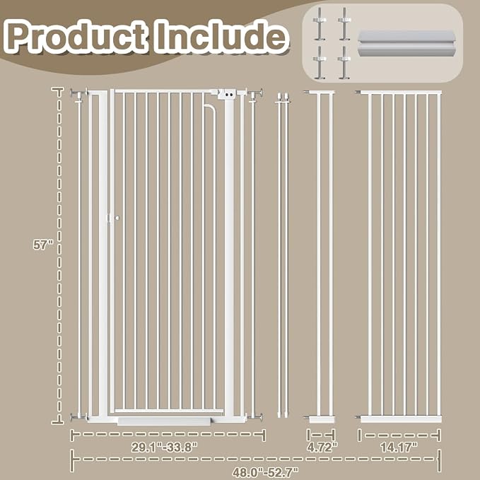 57" Extra Tall Cat Gate, 48.0"-52.7" Wide Pet Gate for Doorway, Pressure Mounted Tall Baby Gate with Door, Walk Through Dog Gate Indoor Stairs, Auto Close Cat Safety Gates, White