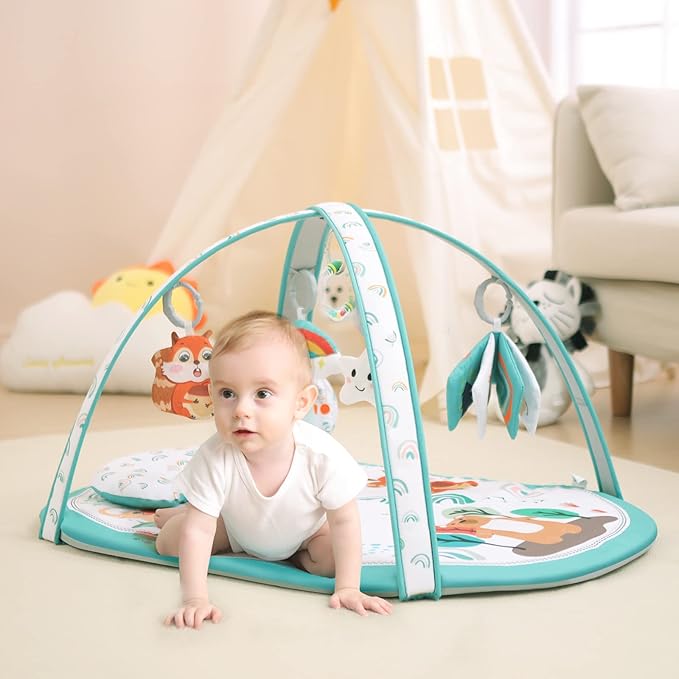 Baby Play Gym, ibabejoy Stage-Based Play Gym with 2 Machine Washable Mat Covers for Newborn to Toddler, 7 in 1 Activity Mat for Infant Sensory & Motor Skills Development, Thicker Non-Slip