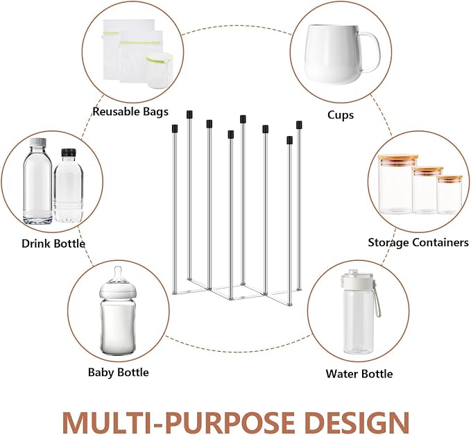 2 Pcs Foldable Bottle Drying Rack Stainless Steel Plastic Bag Drying Racks with Silicone Caps 8 Poles Space-Saving Countertop Organizer Dryer Rack for Cup Water Bottles Dish Plate Bag