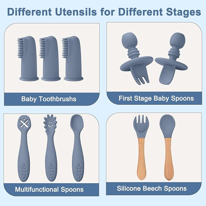 LITTLE RAWR Silicone Baby Feeding Set 14 Pcs,Baby Led Weaning Supplies, Baby Spoons Suction Bowl Divided Plate Bib Cup Finger Brush,First Stage Solid Food Eating Utensils - 6+ Months(Blue Gray)