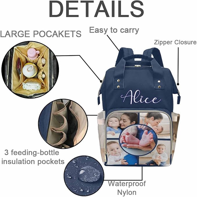 M YESCUSTOM Custom Diaper Bag with Name & Photos for Women Mom Dad, Personalized Diaper Backpack with Text Waterproof Nappy Mommy Bag for Mother's Day New Born Gift