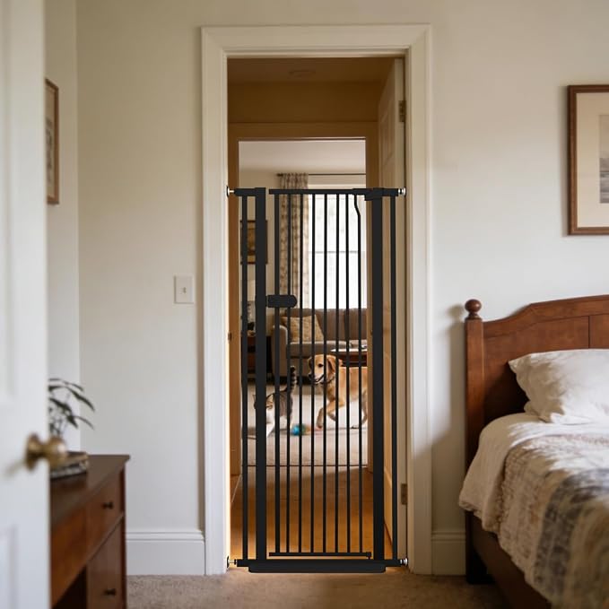 Lumizone Extra Tall Cat Gate 55.12" High Pressure Mounted 26.18"-29.91" Extra Wide 1.37" Gap No Drilling Auto-Close One-Handed Operation Tall Pet Gate for Dogs(Black, 55.12" H x 26.18"-29.91" W)
