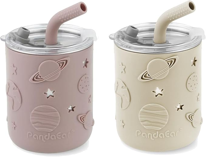 PandaEar 2 Pack Stainless Steel Cups with Lids & Silicone Sleeves | 8.8 oz Spill Proof Sippy Cups with Straw Stopper & Teething-Friendly Straws for Kids Children Ages 3+ (Beige & Pink)