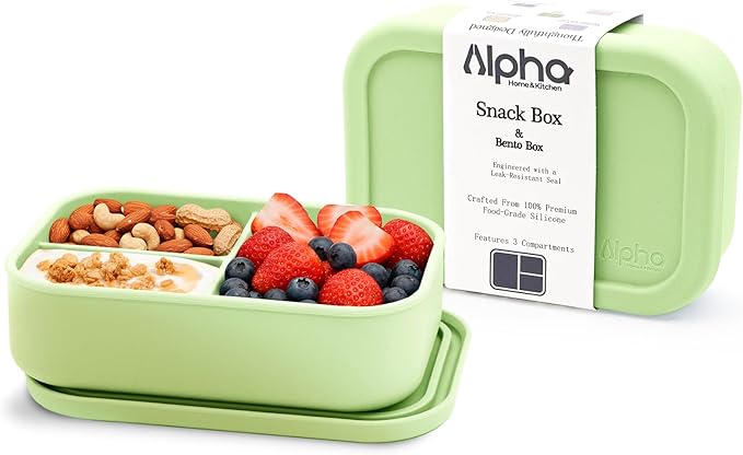 Silicone Bento Box for Kids, 3 Compartment Lunch Box, Small Portions, BPA Free Snack Container, Leak Resistant, Easy to Clean, Dishwasher Safe